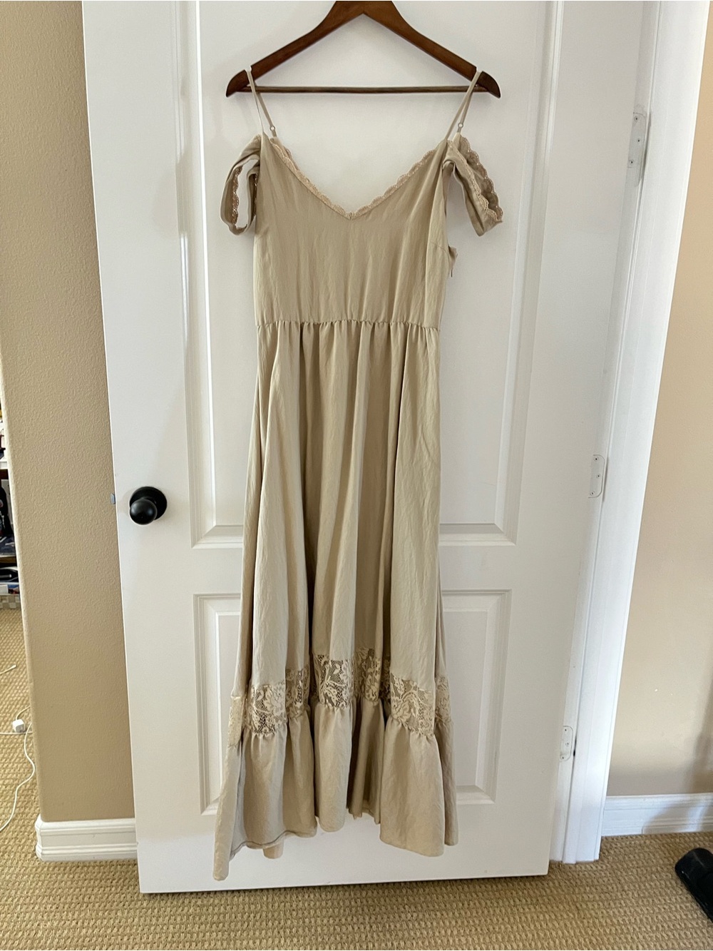 Joyfolie Beige Maxi Dress with Lace Trim